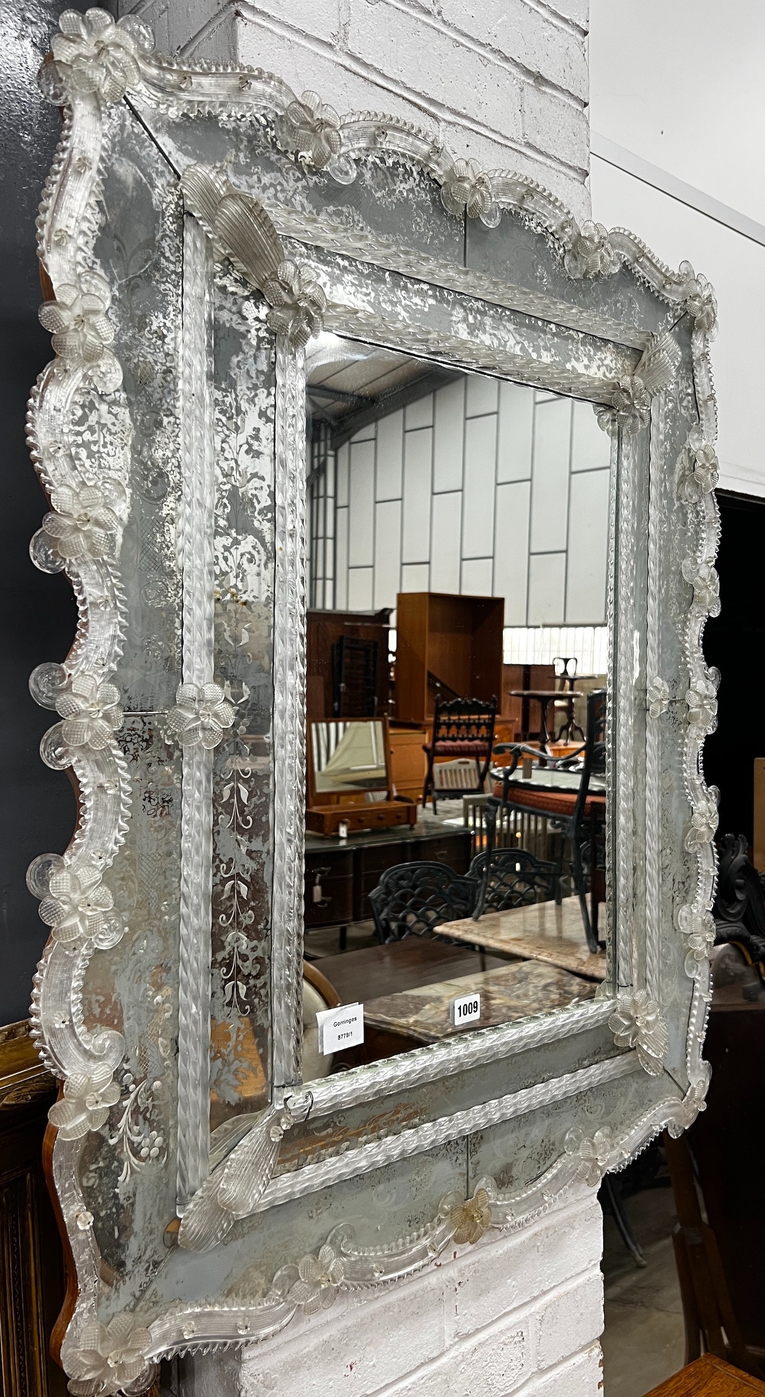 A Venetian engraved glass wall mirror, width 80cm, height 100cm